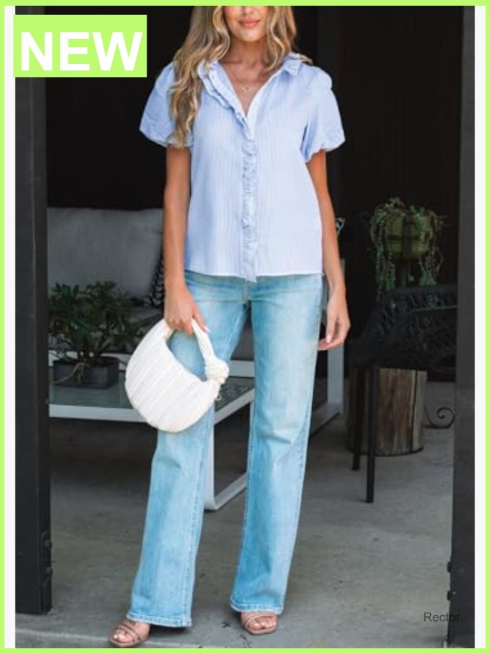 Striped Ruffle Mock Neck Button Down Blouse Long Sleeve - Picture 5 of 7
